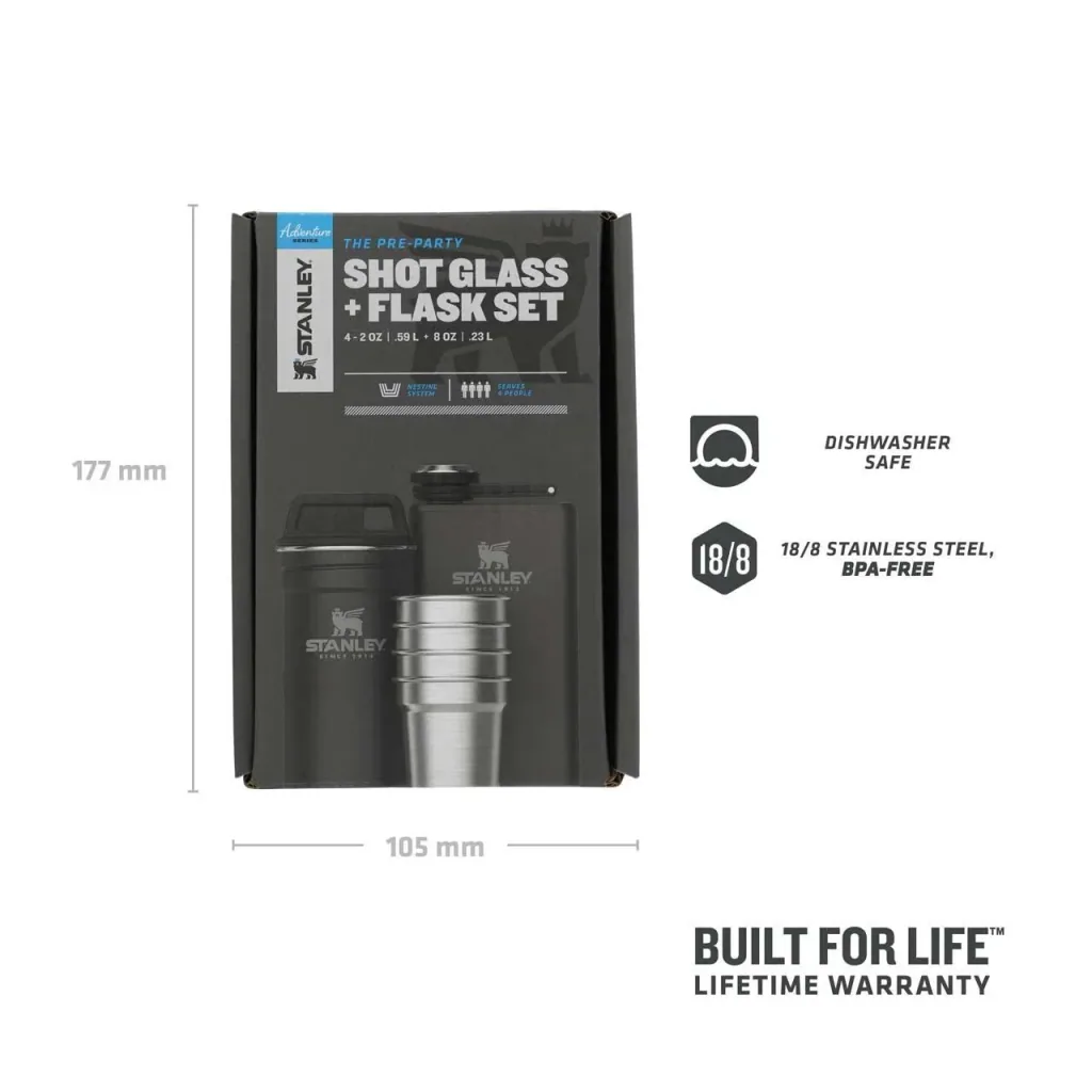 Adventure Shot & Flask Gift Set, Flasche 236 ml, 4 Edelstahl-Pinnchen, 59 ml, Edelstahlbehälter matt schwarz