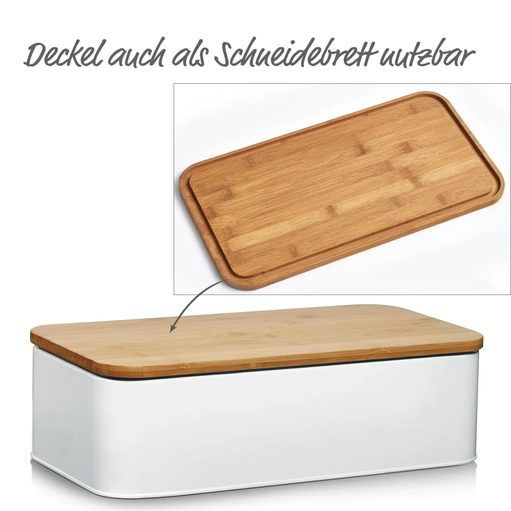 Brotkasten mit Bambusdeckel, Metall, matt weiß