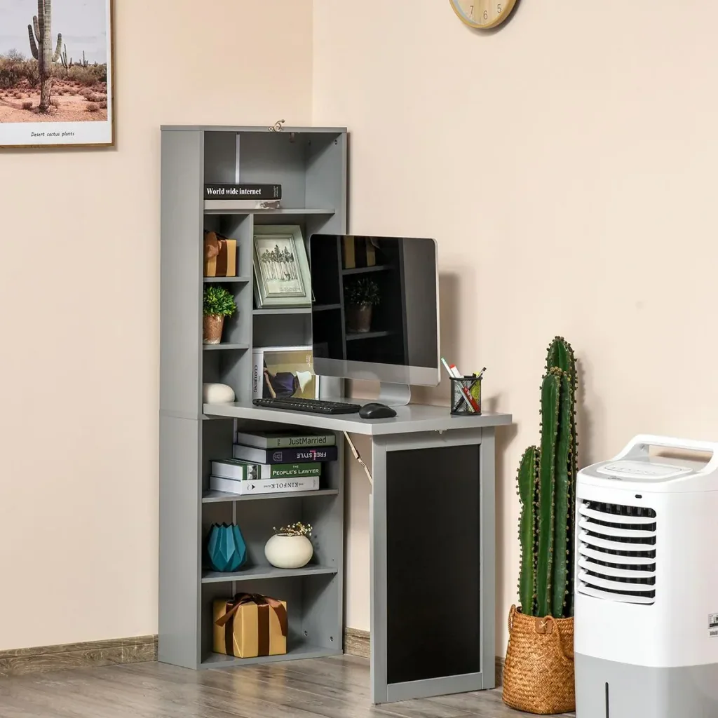 Schreibtisch klappbar mit 6 Fächer Bücherregal mit 3 Regale Computertisch Bürotisch E1 Spanplatte Metallrahmen Dunkelgra