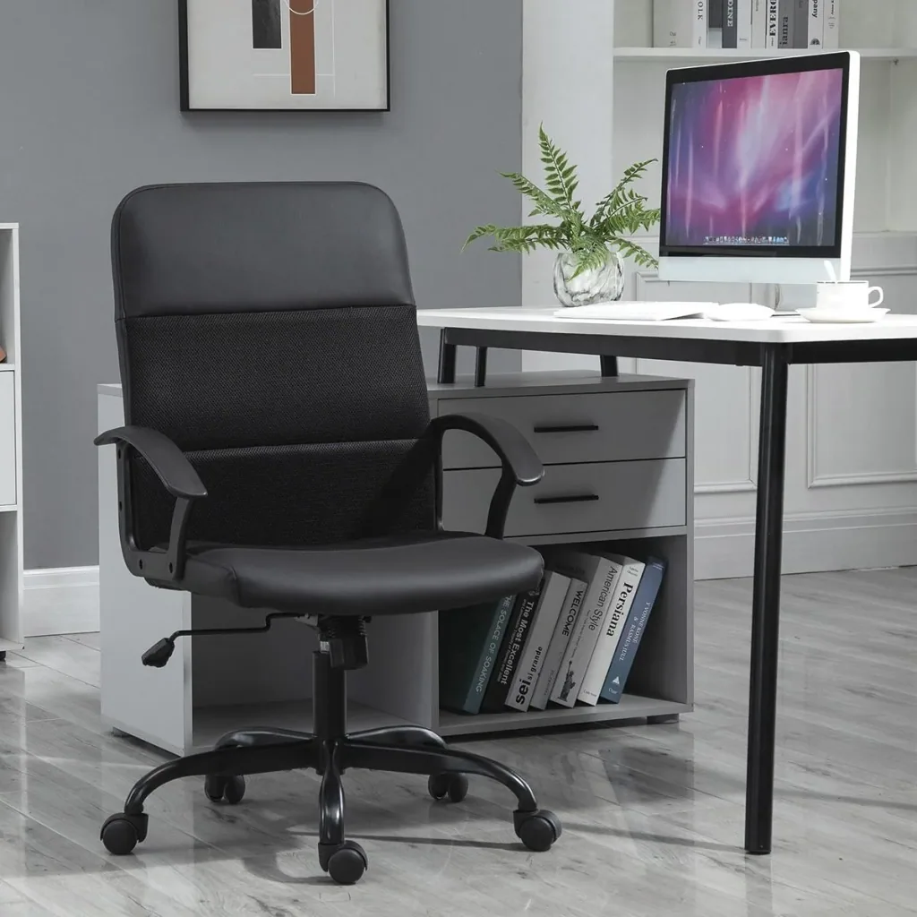 Ergonomischer Bürostuhl, Höhenverstellbarer Schreibtischstuhl, Drehstuhl, PVC + Netz Bezug, Schwarz, 60 x 64 x 99-107 cm