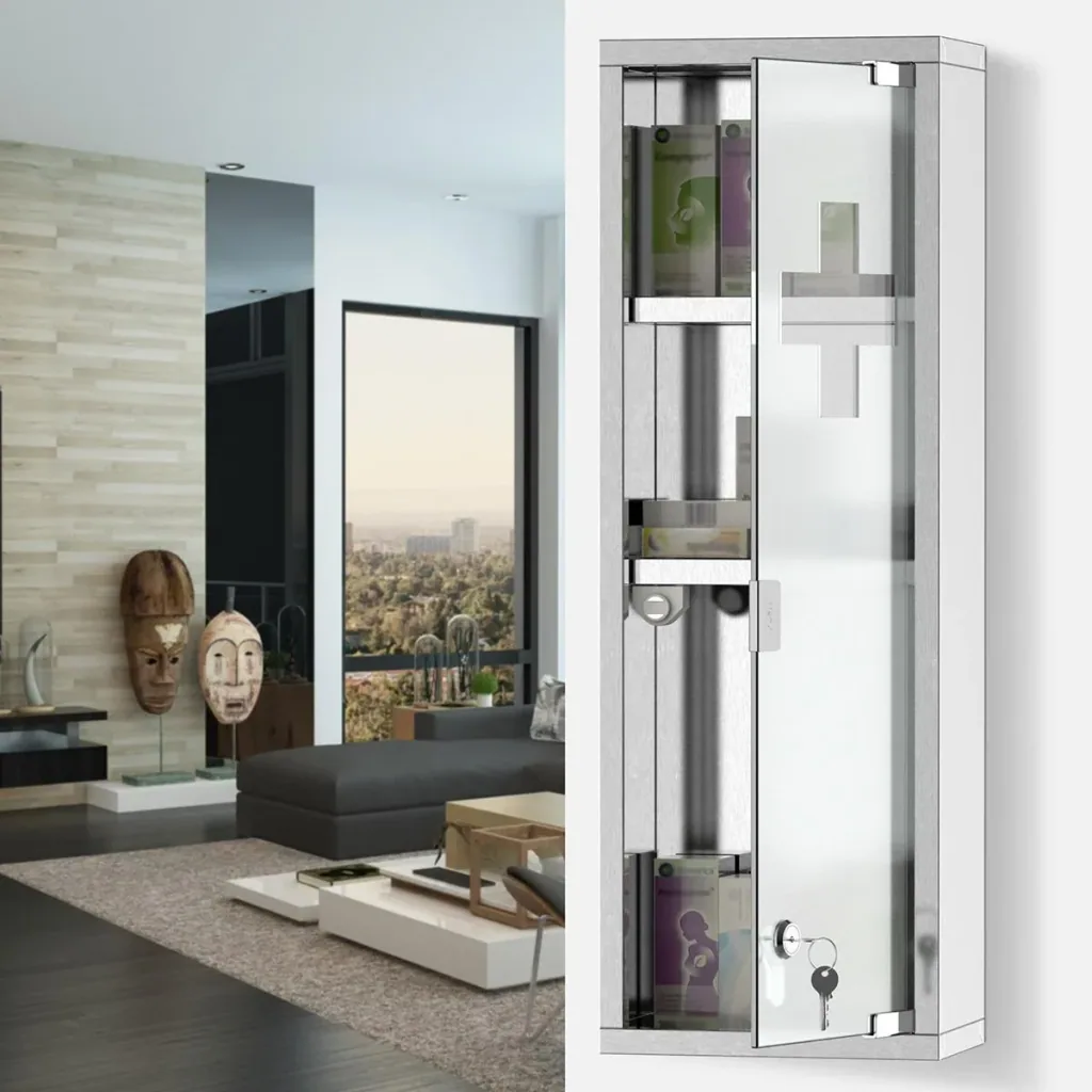 Medizinschrank Arzneischrank Erste-Hilfe-Schrank mit Schloss 3 Fächer Mattglas 430 Edelstahl+gehärtete Glastür Silber 20