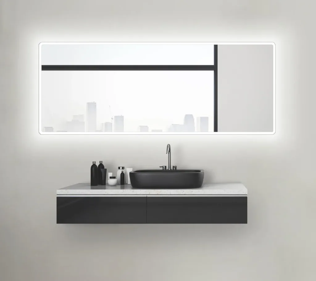 Badezimmerspiegel mit Beleuchtung, "Moon" - 180 x 70 cm - mit umlaufenden Raumlicht - Lichtfarbe neutralweiß