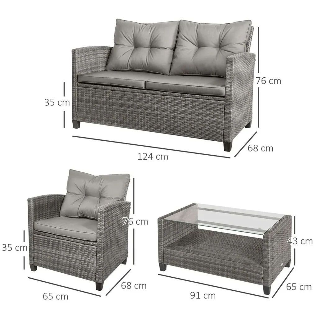 Polyrattan Sitzgarnitur 4 tlg. Sitzgruppe Gartenset Sofagarnitur Gartenmöbel Set Lounge Metall Luxus Grau