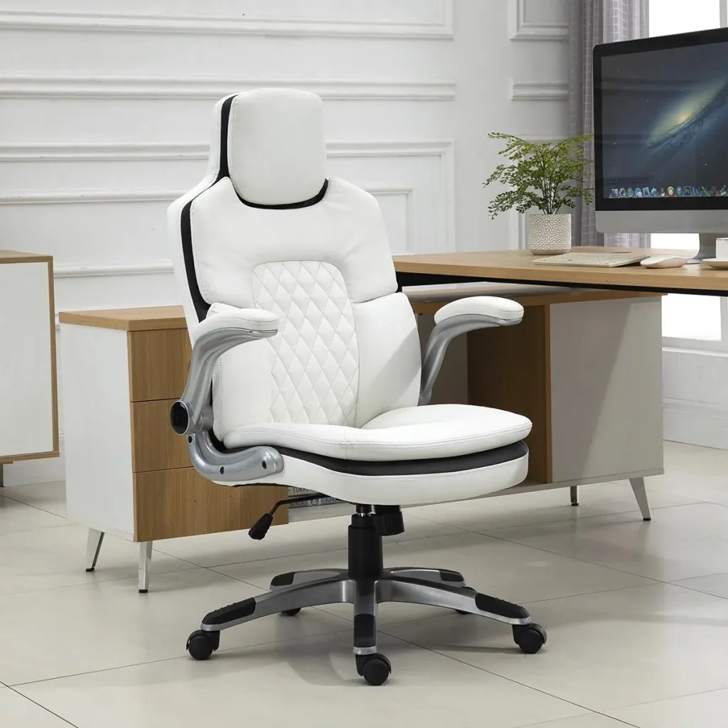 Ergonomischer Bürostuhl mit klappbare Armlehnen, Höhenverstellbarer Schreibtischstuhl mit Wippfunktion, Drehstuhl, PU, 6