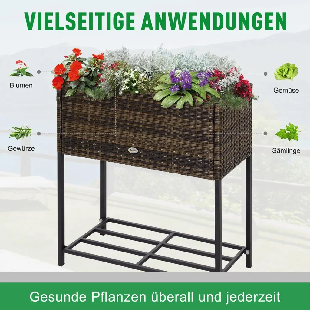 Poly Rattan Hochbeet Blumenkasten mit Füßen Blumentopf mit Ablage Braun 70 x 30 x 72 cm