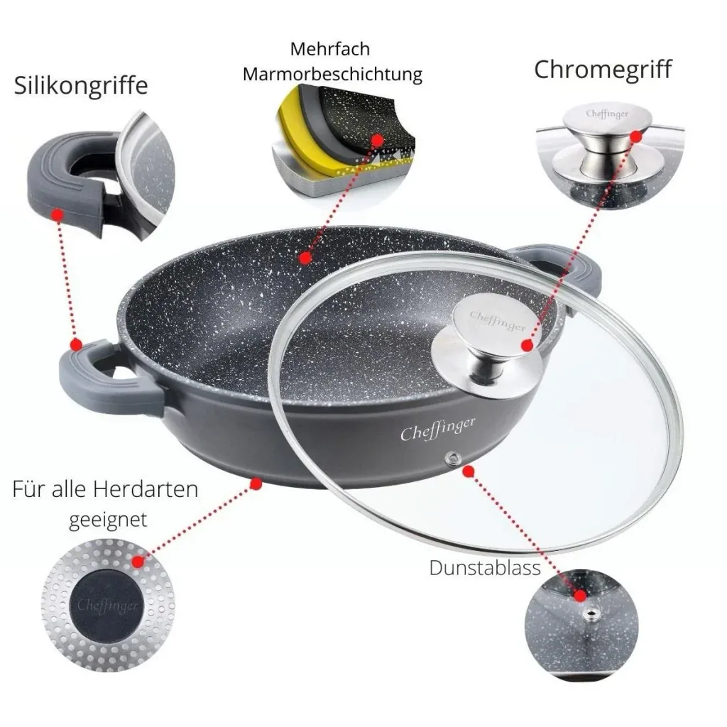Cheffinger Schmortopf / Niedrige Pfanne / Serviertopf - Marmorbeschichtung - mit abnehmbaren Silikongriffen - SS - 28cm