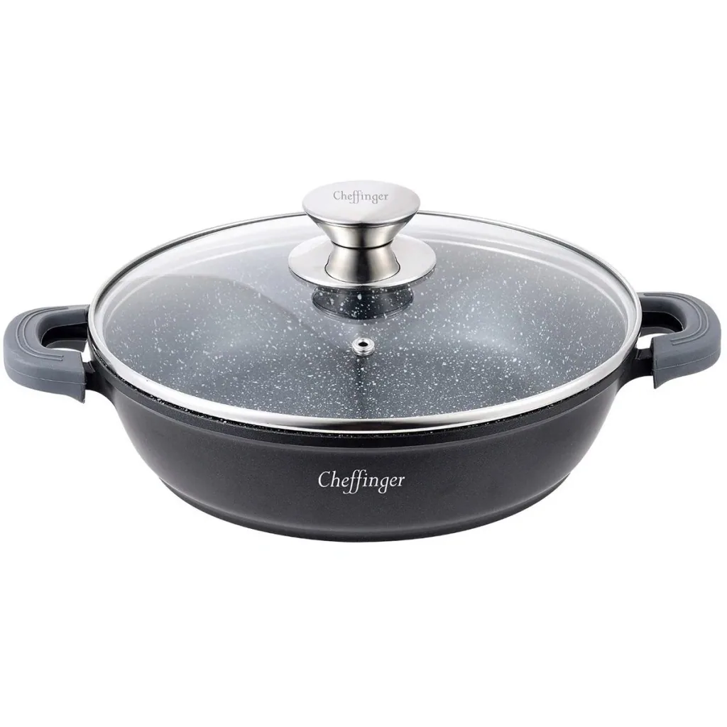 Cheffinger Schmortopf / Niedrige Pfanne / Serviertopf - Marmorbeschichtung - mit abnehmbaren Silikongriffen - SS - 28cm