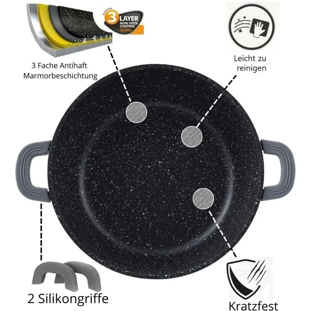 Cheffinger Schmortopf / Niedrige Pfanne / Serviertopf - Marmorbeschichtung - mit abnehmbaren Silikongriffen - SS - 28cm