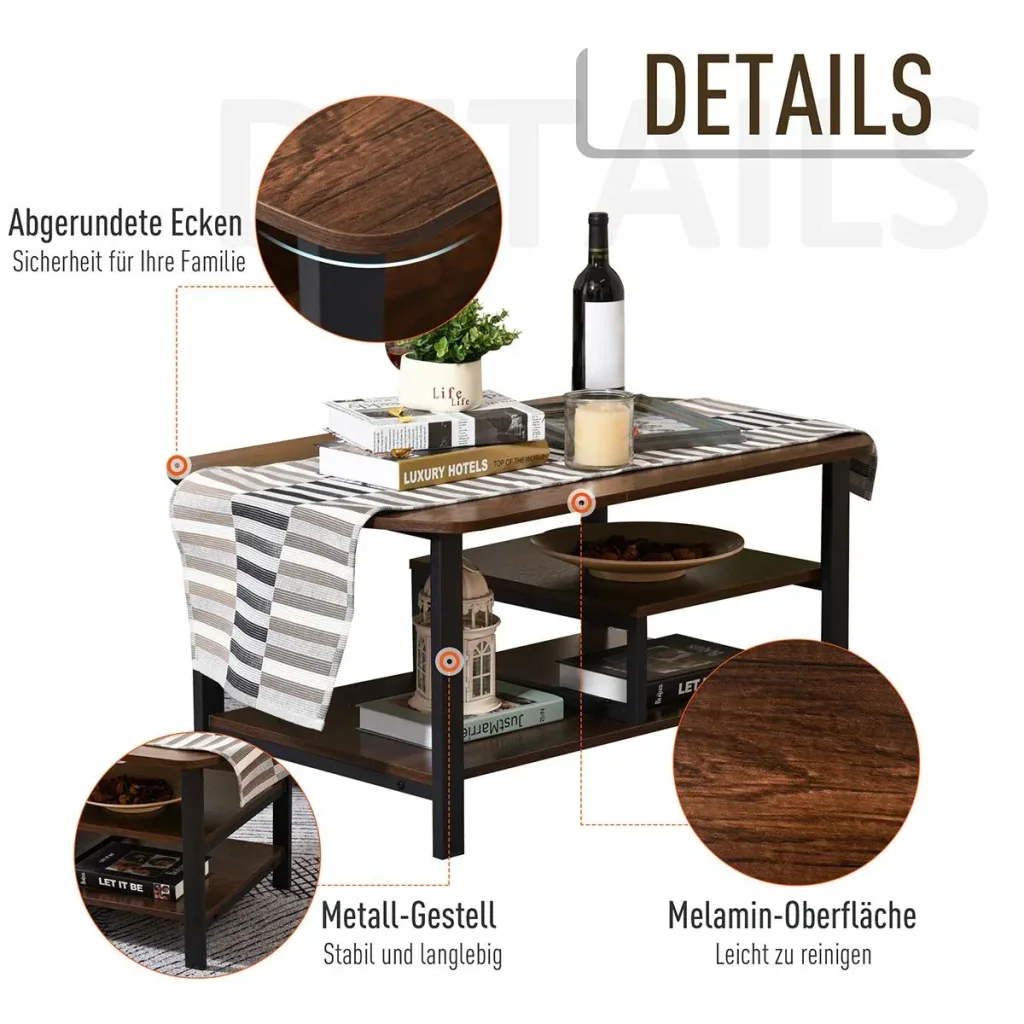 Couchtisch mit Ablageflächen industrieller Stil, E1 Spanplatte, Stahl, Braun, 100L x 60B x 46H cm