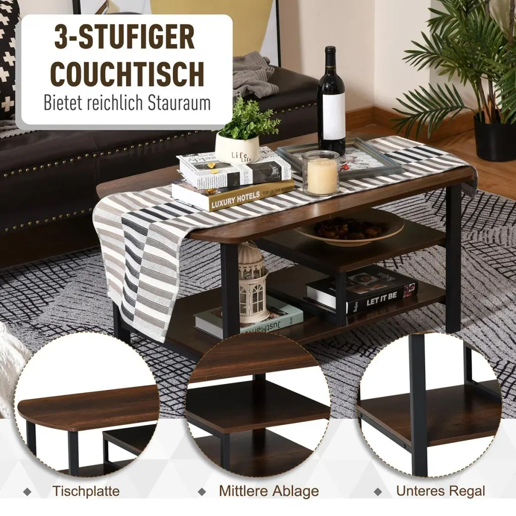 Couchtisch mit Ablageflächen industrieller Stil, E1 Spanplatte, Stahl, Braun, 100L x 60B x 46H cm