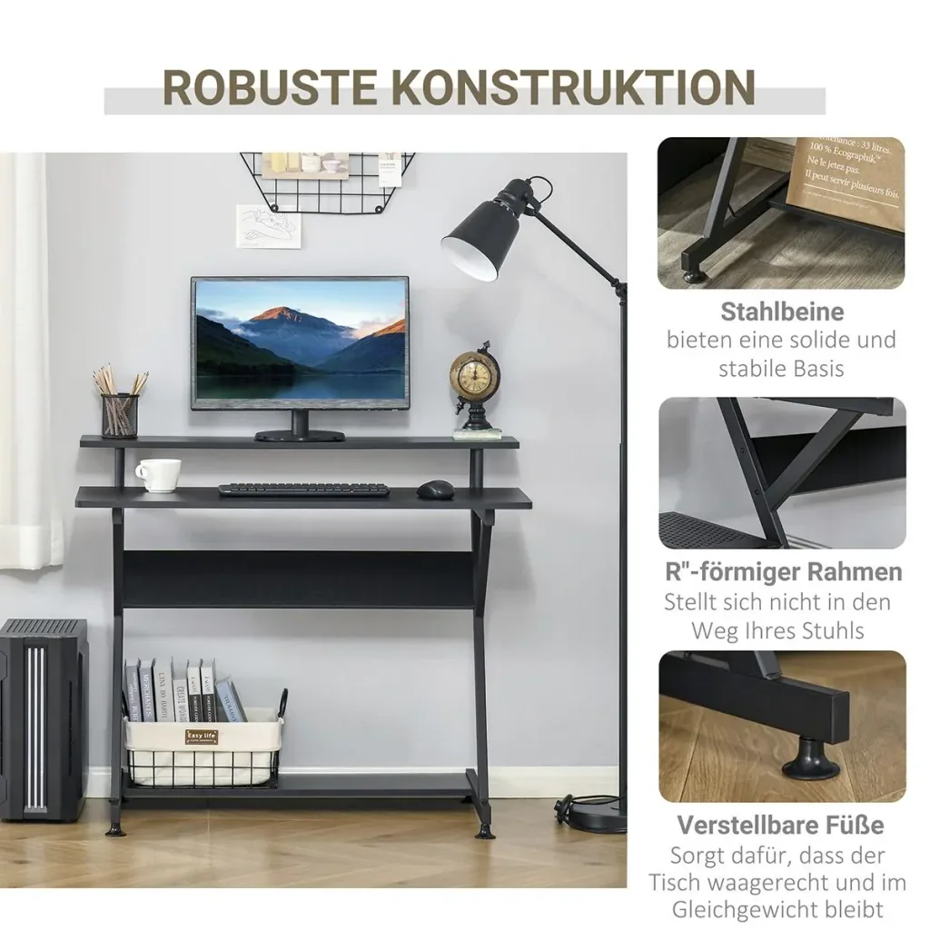 Computertisch industrieller Stil mit Höhenverstellbar Fußbett MDF Metall Schwarz 100 x 60 x 85,5 cm