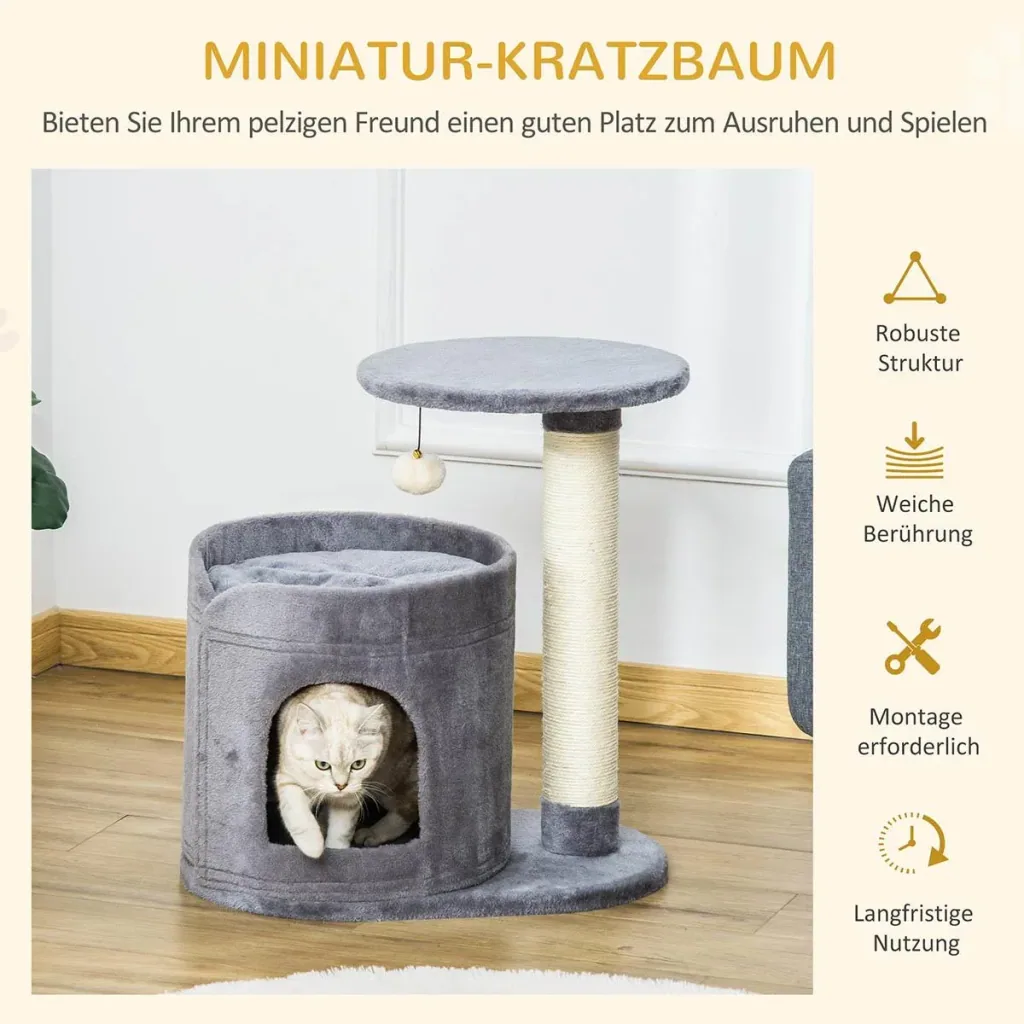 Kratzbaum Katzenbaum mit Katzenhöhle Spielball Katzenkratzbaum Sisalseil-Kratzstangen Grau 55 x 36 x 59 cm