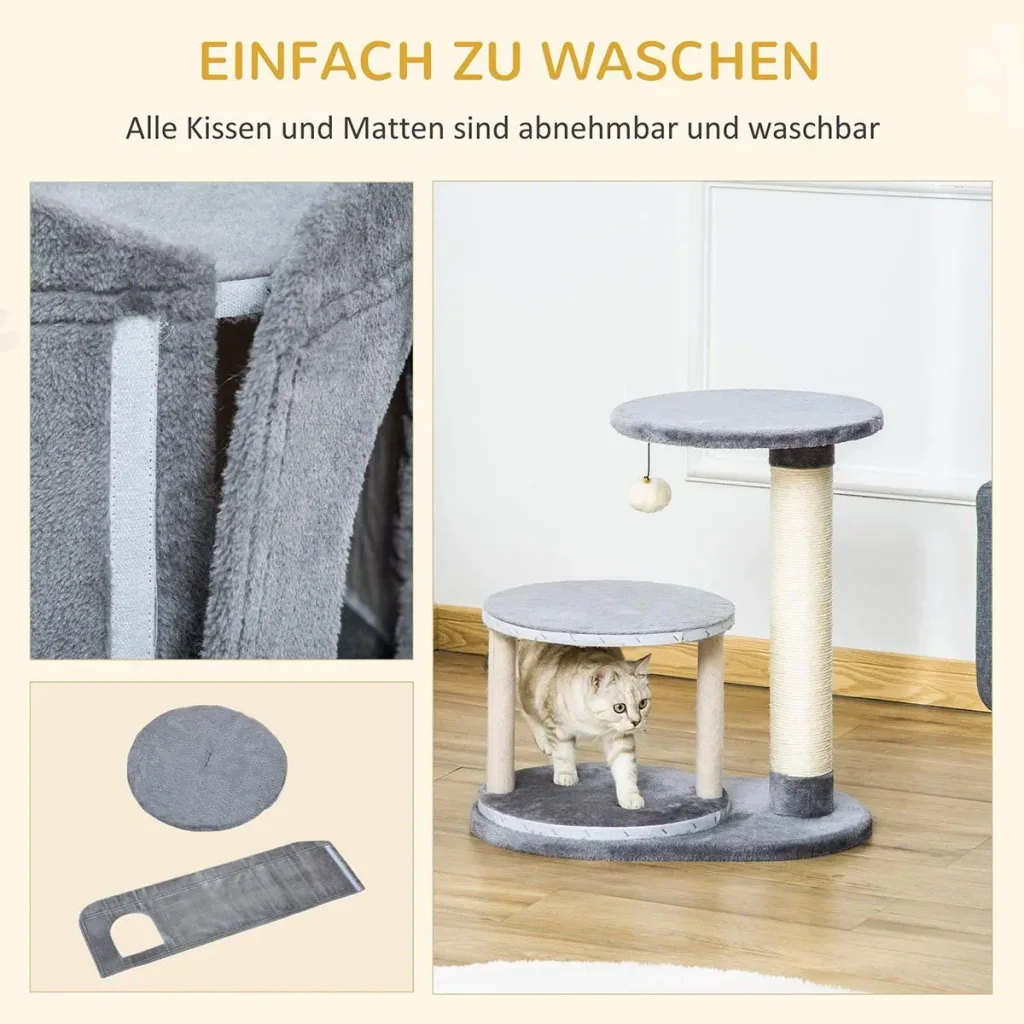 Kratzbaum Katzenbaum mit Katzenhöhle Spielball Katzenkratzbaum Sisalseil-Kratzstangen Grau 55 x 36 x 59 cm