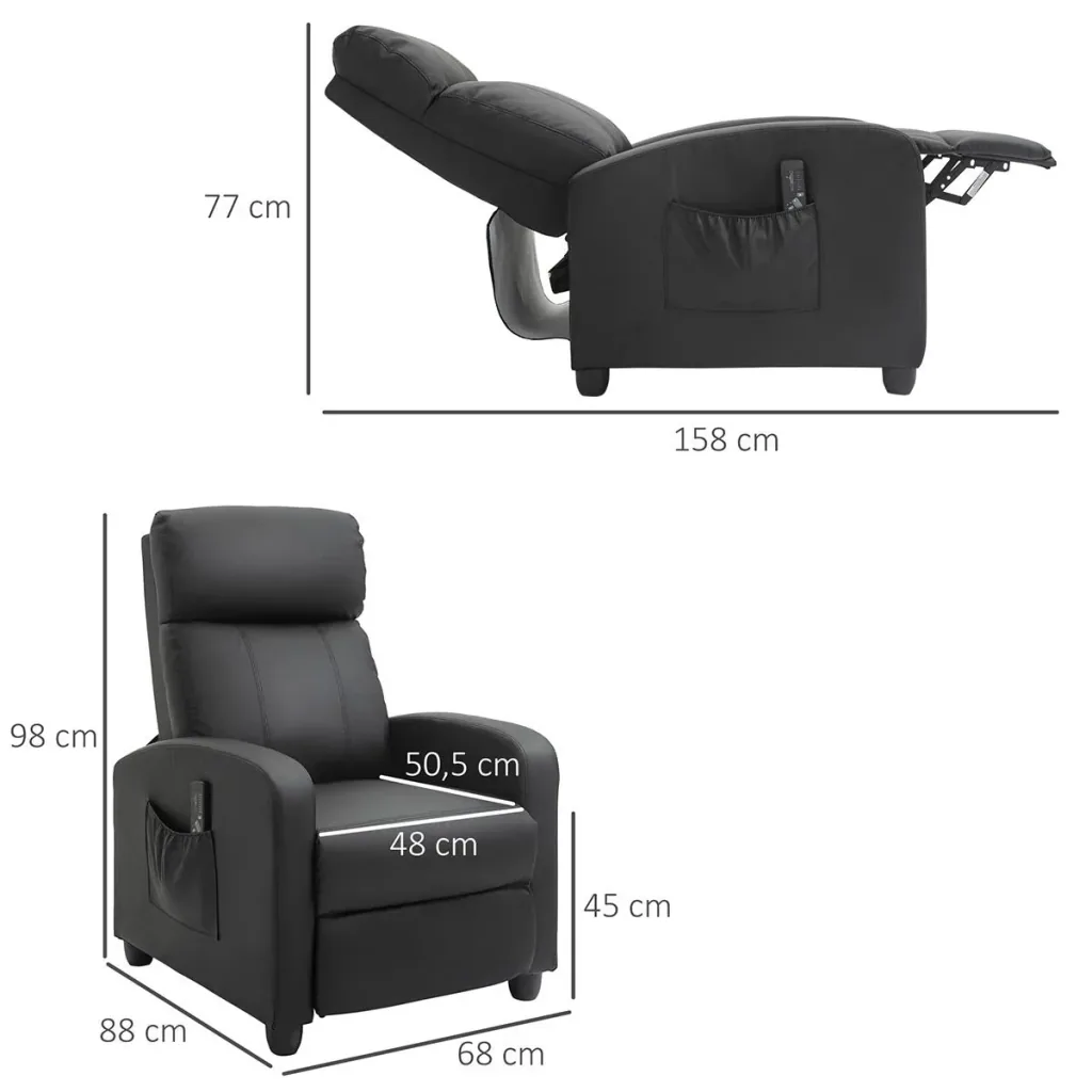 Massagesessel Liegefunktion Rückenlehne mit Rückenlehne 2-Punkt-Massage Schaumstoff Kunstleder Schwarz 68 x 88 x 98 cm