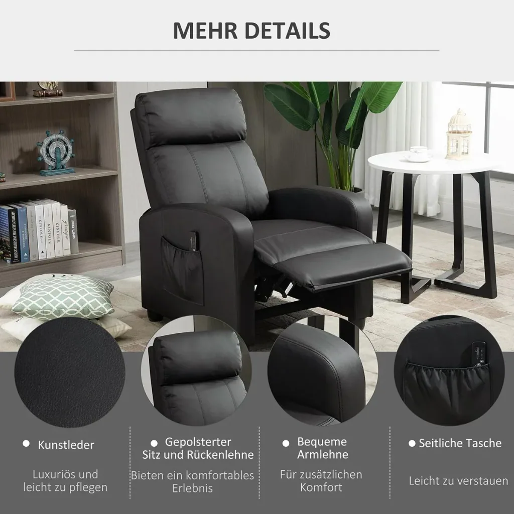 Massagesessel Liegefunktion Rückenlehne mit Rückenlehne 2-Punkt-Massage Schaumstoff Kunstleder Schwarz 68 x 88 x 98 cm