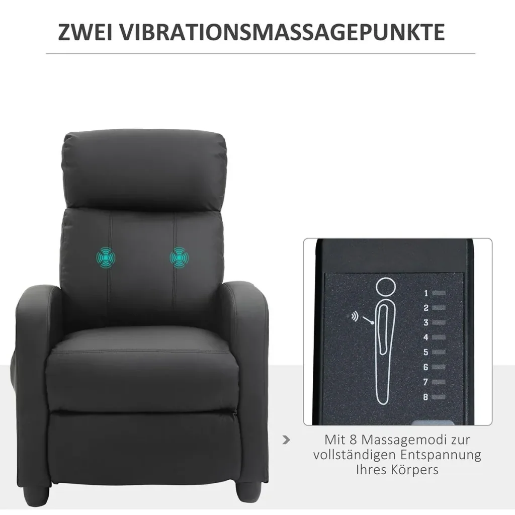 Massagesessel Liegefunktion Rückenlehne mit Rückenlehne 2-Punkt-Massage Schaumstoff Kunstleder Schwarz 68 x 88 x 98 cm