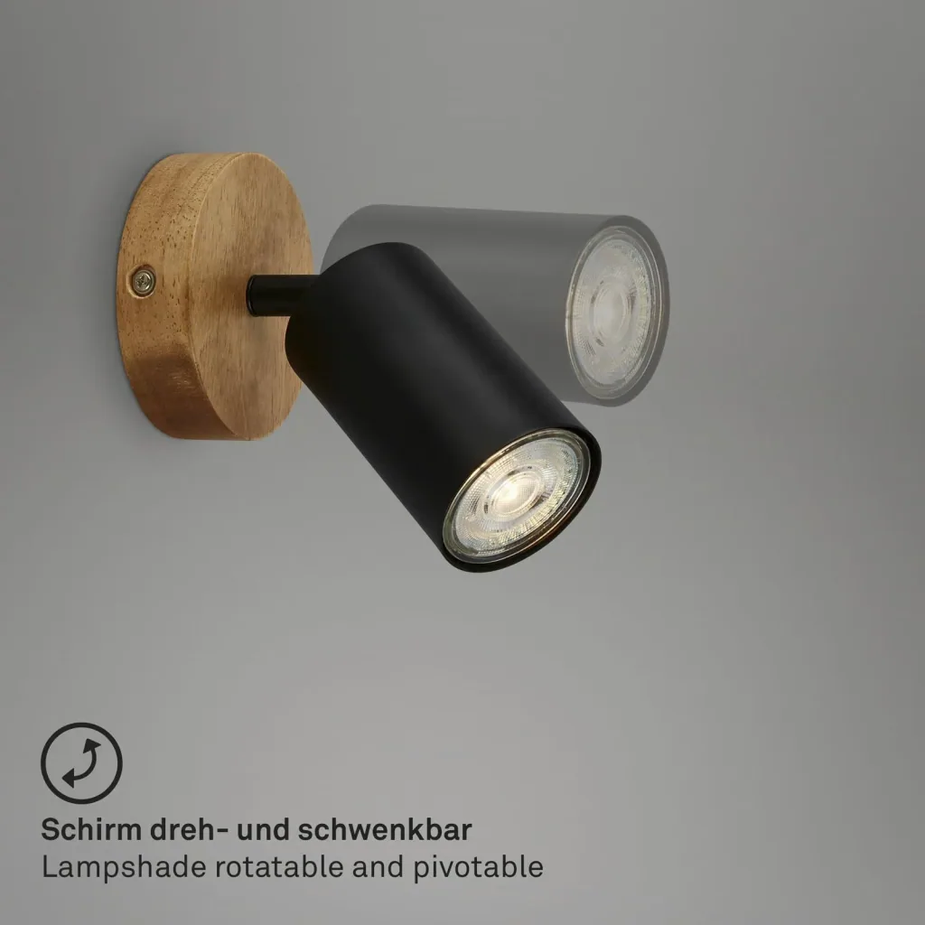 Vintage Spotleuchte 1-flammig, schwarz mit Holzbaldachin, GU10 Fassung