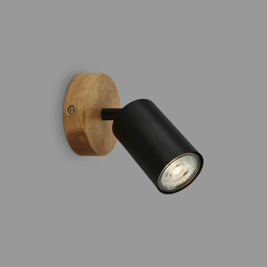 Vintage Spotleuchte 1-flammig, schwarz mit Holzbaldachin, GU10 Fassung