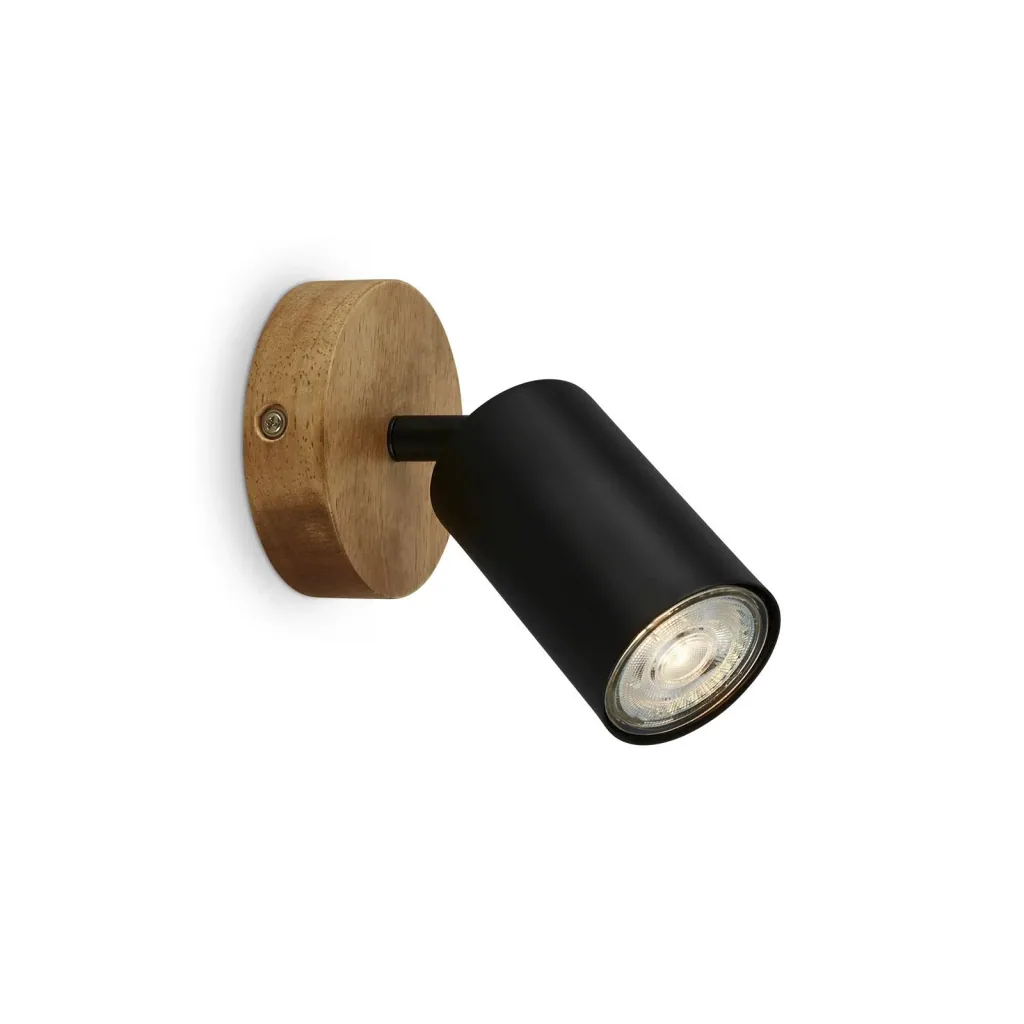 Vintage Spotleuchte 1-flammig, schwarz mit Holzbaldachin, GU10 Fassung