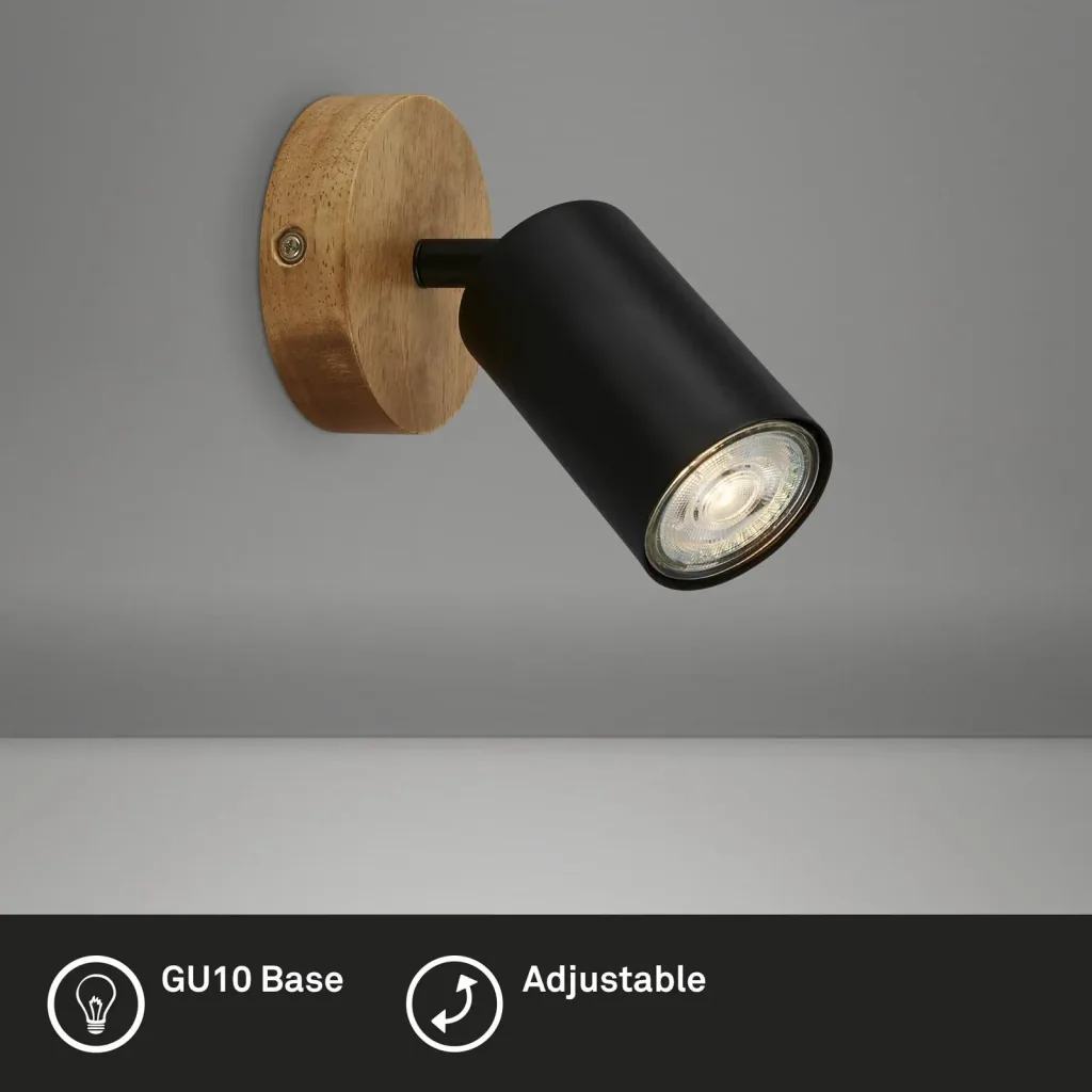 Vintage Spotleuchte 1-flammig, schwarz mit Holzbaldachin, GU10 Fassung