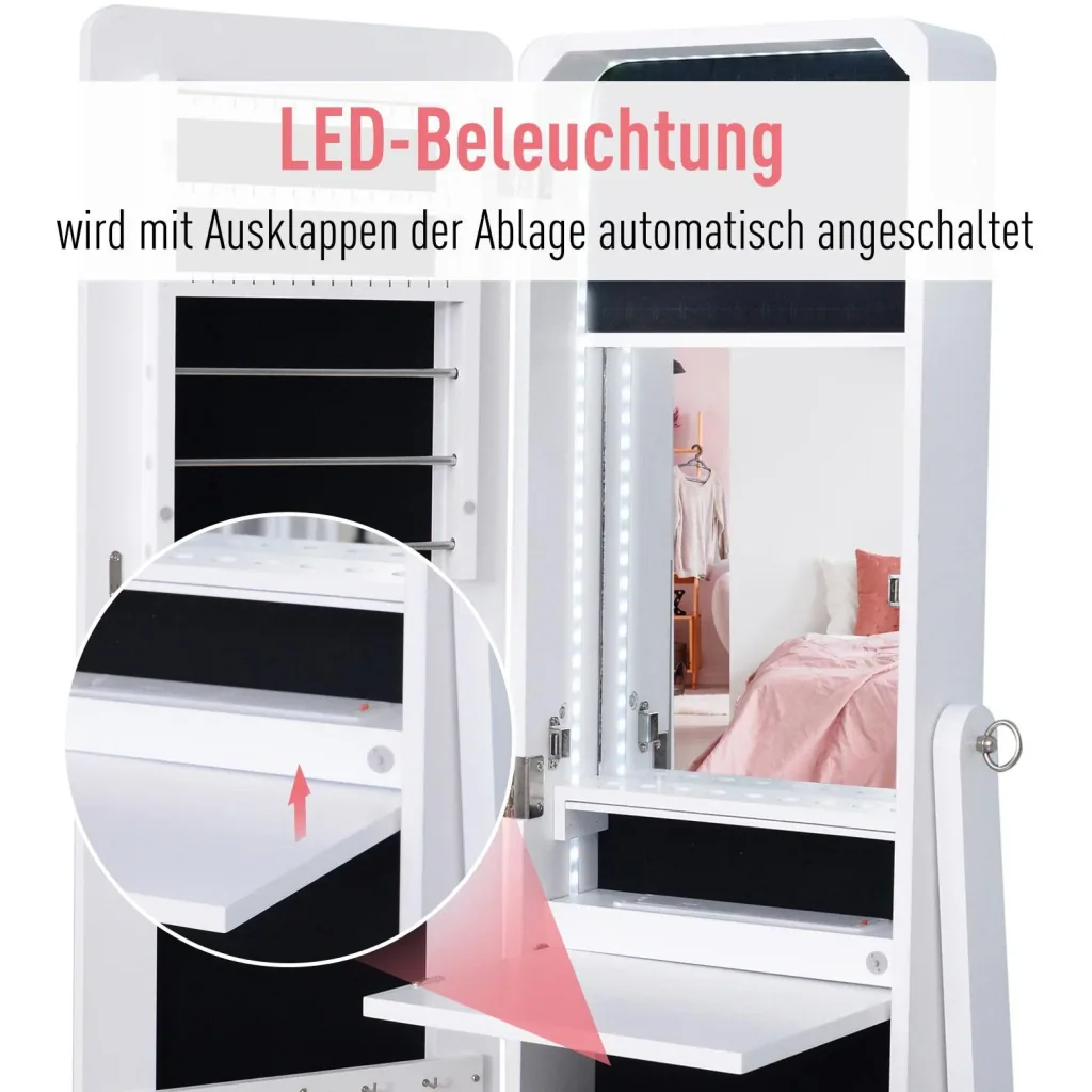 Spiegelschrank LED Schmuckschrank mit Innenspiegel klappbare Ablage Standspiegel Weiß