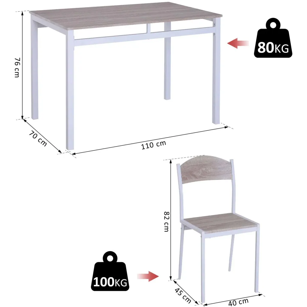 5-teilige Essgruppe Sitzgruppe Esstisch Set Holzmaserung MDF + Metall Grau + Weiß mit 1 Tisch + 4 Stühlen
