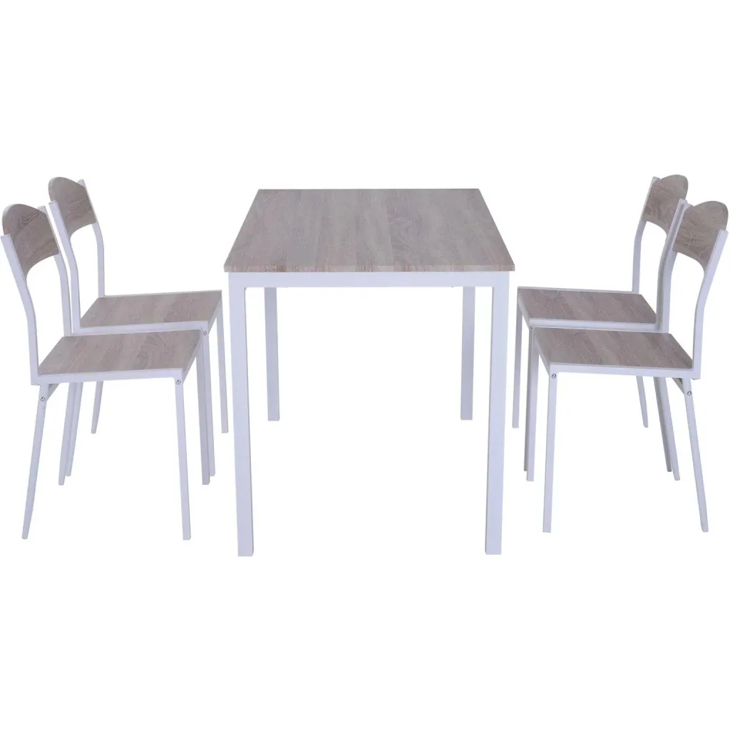 5-teilige Essgruppe Sitzgruppe Esstisch Set Holzmaserung MDF + Metall Grau + Weiß mit 1 Tisch + 4 Stühlen