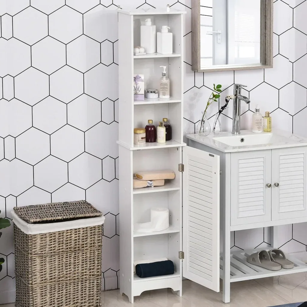 Badezimmerschrank mit höhenverstellbarem Regal Badmöbel mit Lamellentür Badezimmer-Hochschrank MDF Spanplatte Weiß 34 x