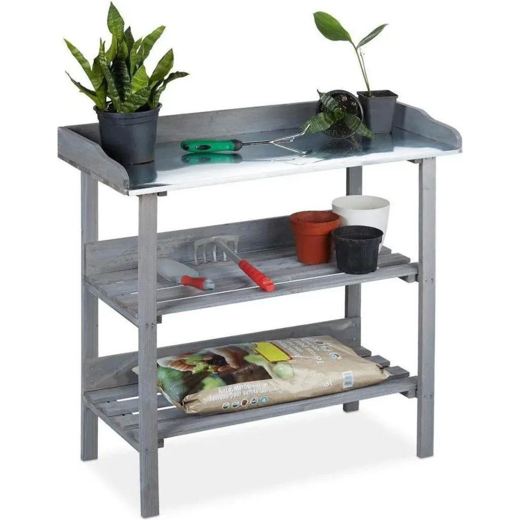 Garten Pflanzgefäß mit Zinkblatt und Holzablage - Gartentisch - Anthrazit - 78 x 38 x 86 cm