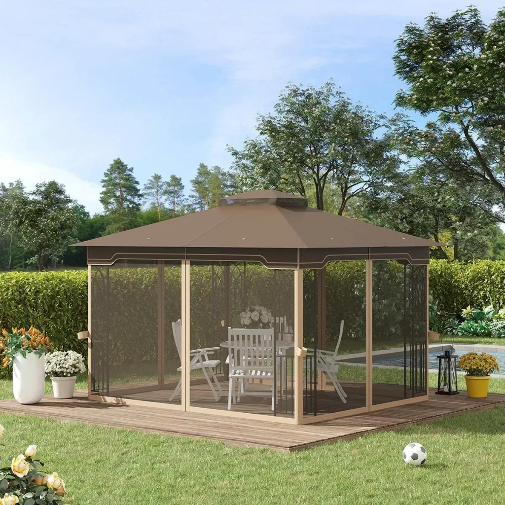 Gartenlaube mit Schirm - Braun/Beige - 3,7 x 3 m