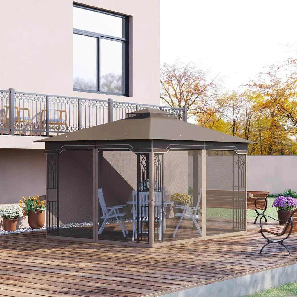 Gartenlaube mit Schirm - Braun/Beige - 3,7 x 3 m