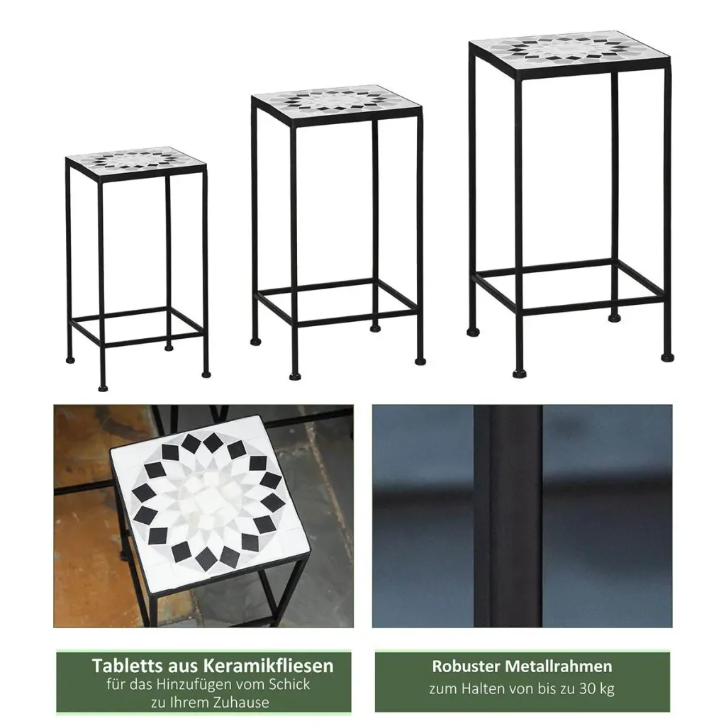 Blumenständer 3er Set aus Metall keramische Fliesen Stapelbar Pflanzenhocker für Blumentopf Schwarz+Weiß