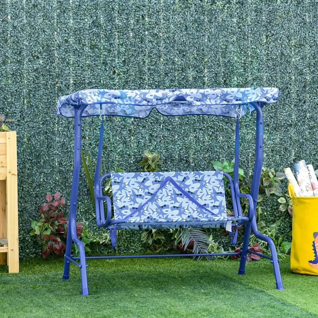 Kinder Hollywoodschaukel Kinderschaukel mit Sonnendach 2-Sitzer Gartenschaukel für 3-6 Jahre Metall Blau 110L x 70B x 11