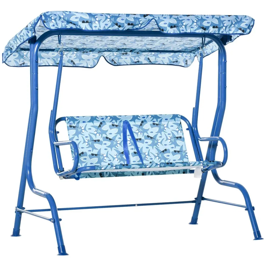 Kinder Hollywoodschaukel Kinderschaukel mit Sonnendach 2-Sitzer Gartenschaukel für 3-6 Jahre Metall Blau 110L x 70B x 11