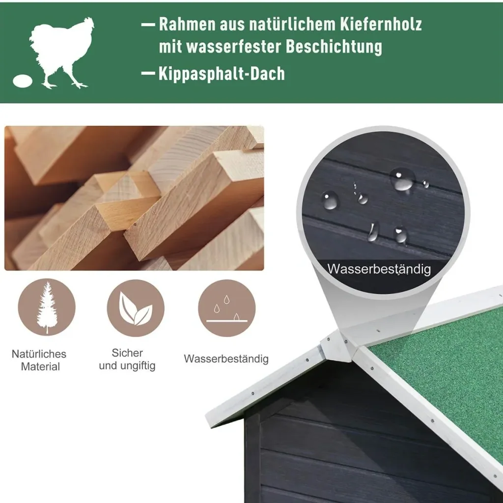 Hühnerstall modern Hühnerhaus mit Nistkasten und einem komplett überdachter Laufstall, Grau, Tannenholz, Metalldraht, As