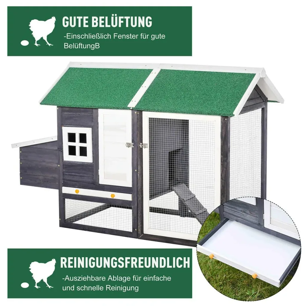 Hühnerstall modern Hühnerhaus mit Nistkasten und einem komplett überdachter Laufstall, Grau, Tannenholz, Metalldraht, As