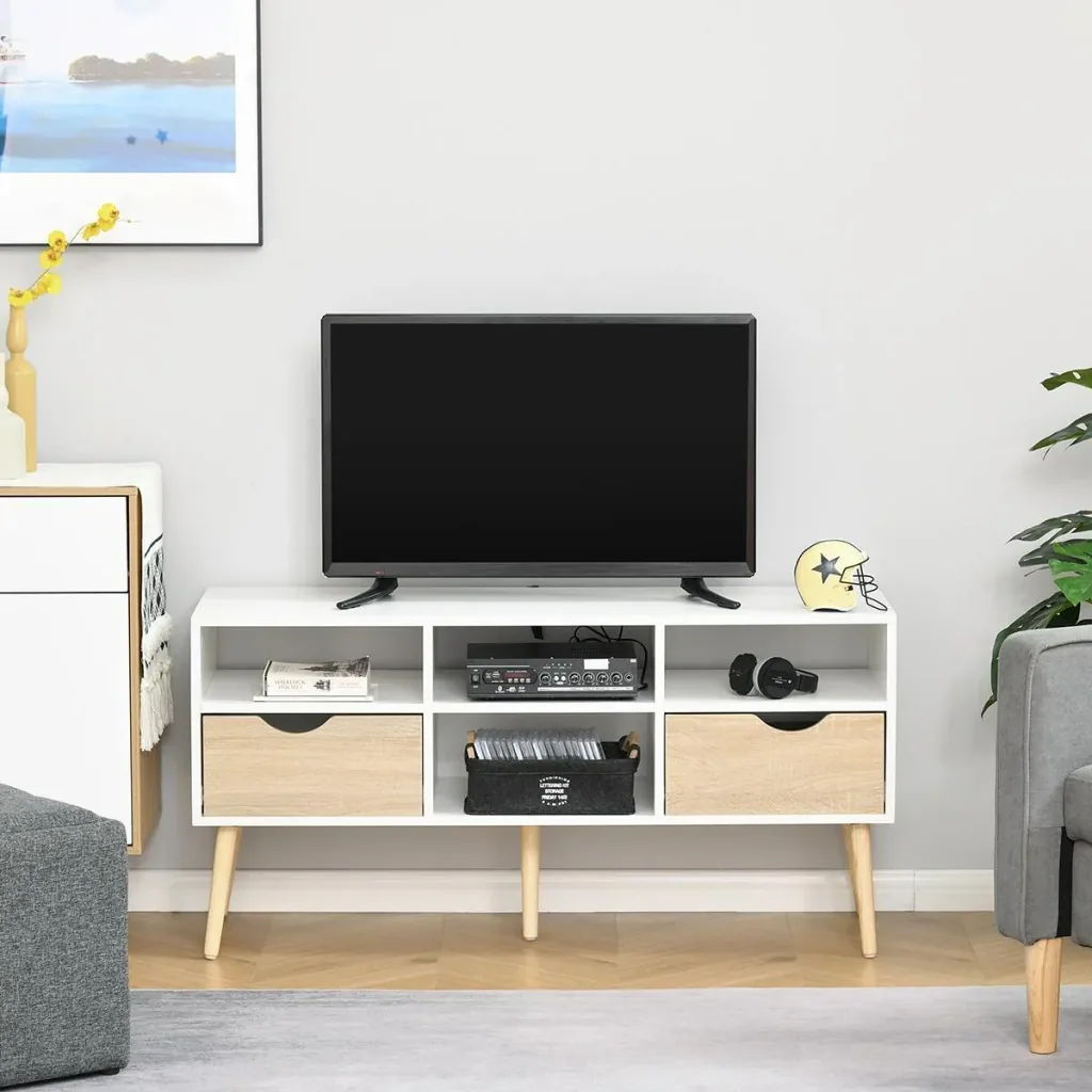 Fernsehtisch Fernsehschrank mit 2 Schublade TV-Board Spanplatte Massivholzbeine Weiß+Eiche 117 x 39 x 57 cm