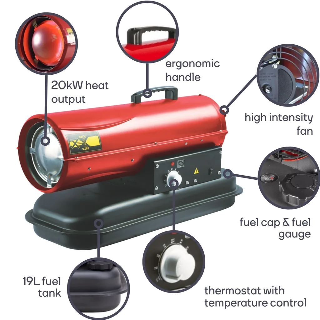 Diesel-Heißluftheizer 20 kW, tragbarer Industrieheizer mit Thermostat für Werkstatt, Garage und Baustelle