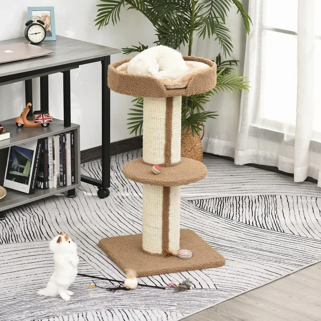 Katzenbaum Spielbaum Kratzstamm mit Plattform Sisal E1 Spanplatte Plüsch Hellbraun 45 x 45 x 91 cm