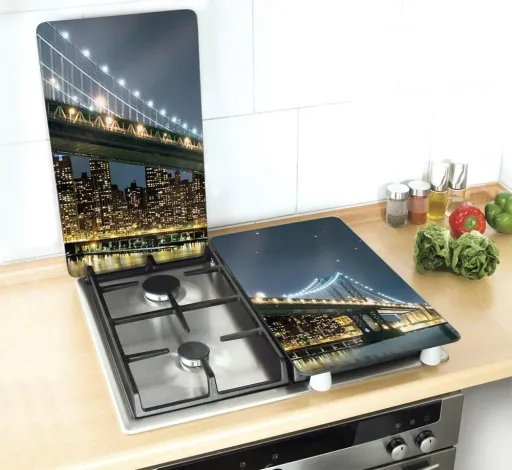 3 in 1 Herd-Abdeckplatten, Schneidbretter, Arbeitsplatten, Glas, Brooklyn Bridge-Design, je 52 x 30 cm, 2er-Set