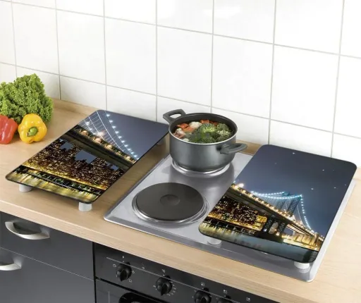 3 in 1 Herd-Abdeckplatten, Schneidbretter, Arbeitsplatten, Glas, Brooklyn Bridge-Design, je 52 x 30 cm, 2er-Set