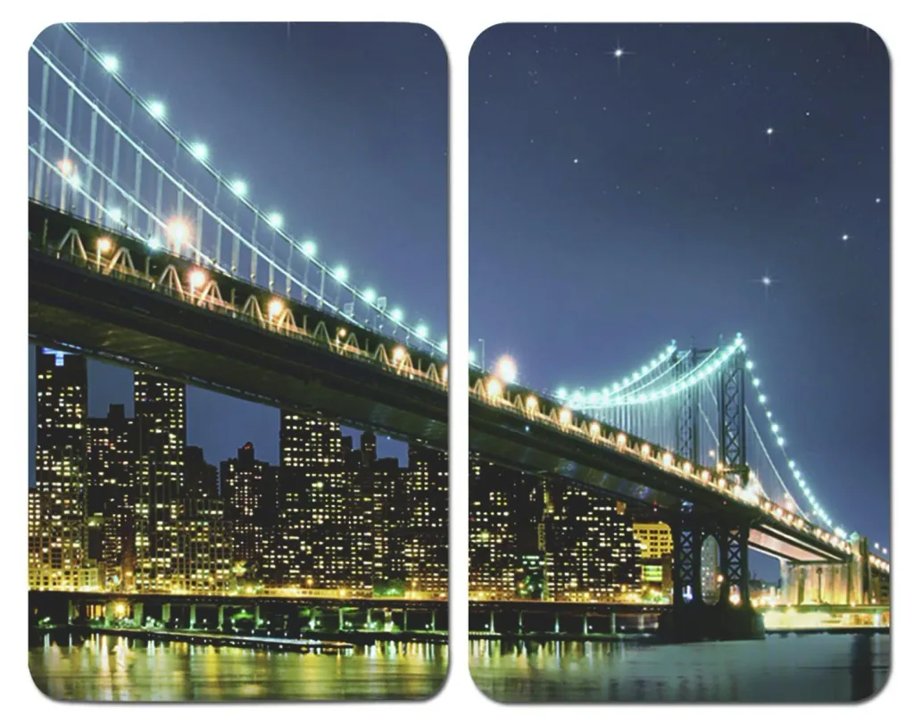 3 in 1 Herd-Abdeckplatten, Schneidbretter, Arbeitsplatten, Glas, Brooklyn Bridge-Design, je 52 x 30 cm, 2er-Set