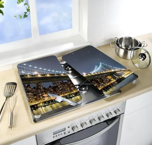3 in 1 Herd-Abdeckplatten, Schneidbretter, Arbeitsplatten, Glas, Brooklyn Bridge-Design, je 52 x 30 cm, 2er-Set