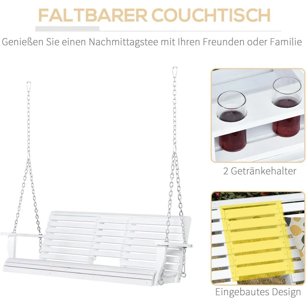 Hängebank Gartenschaukel Schaukelbank mit faltbarem Couchtisch für 2-3 Personen Tannenholz Patio Terrasse Hinterhof komf
