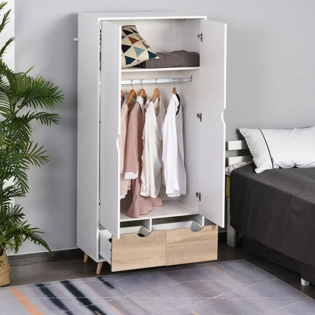 Kleiderschrank Garderobe Schrank mit Stange Schublade für Wohnzimmer Schlafzimmer Weiß+Natur 80 x 40 x 180 cm