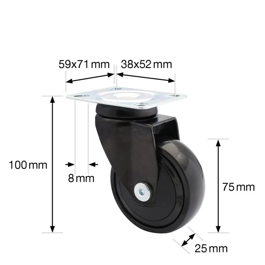 Design 3C Lenkrollen 4 teiliges Set - Ø 75 mm, soft, schwarz, 2 Rollen mit & 2 ohne Feststeller, Tragkraft 75 kg / Rolle