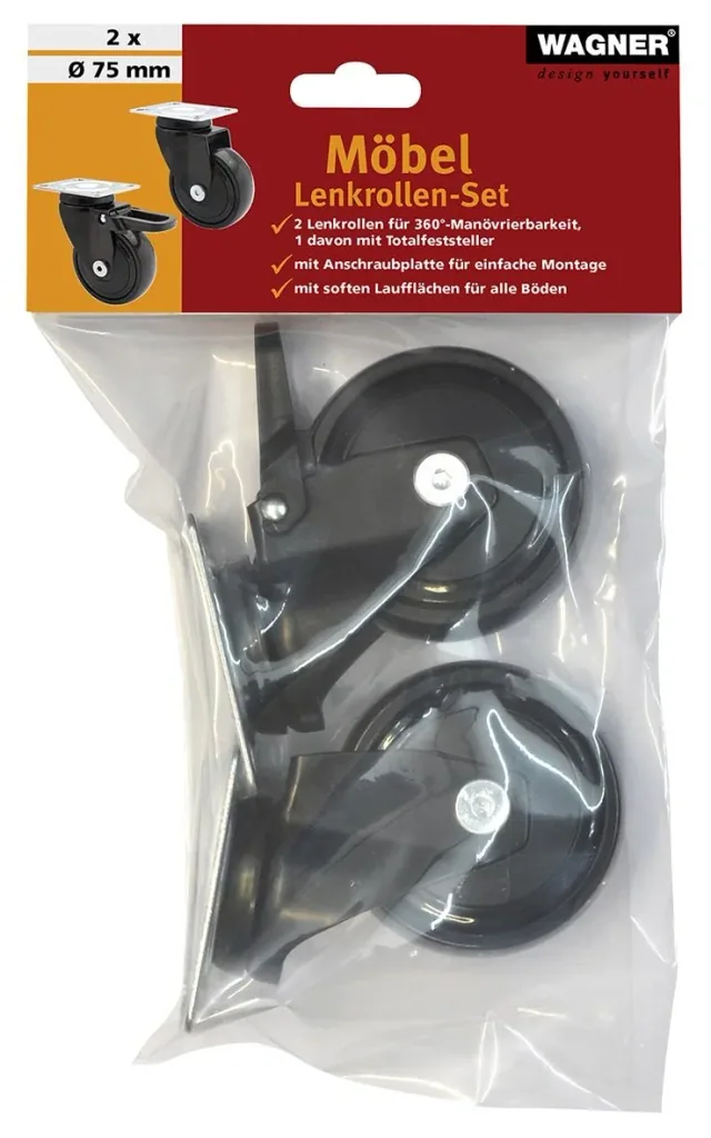 Design 3C Lenkrollen 4 teiliges Set - Ø 75 mm, soft, schwarz, 2 Rollen mit & 2 ohne Feststeller, Tragkraft 75 kg / Rolle