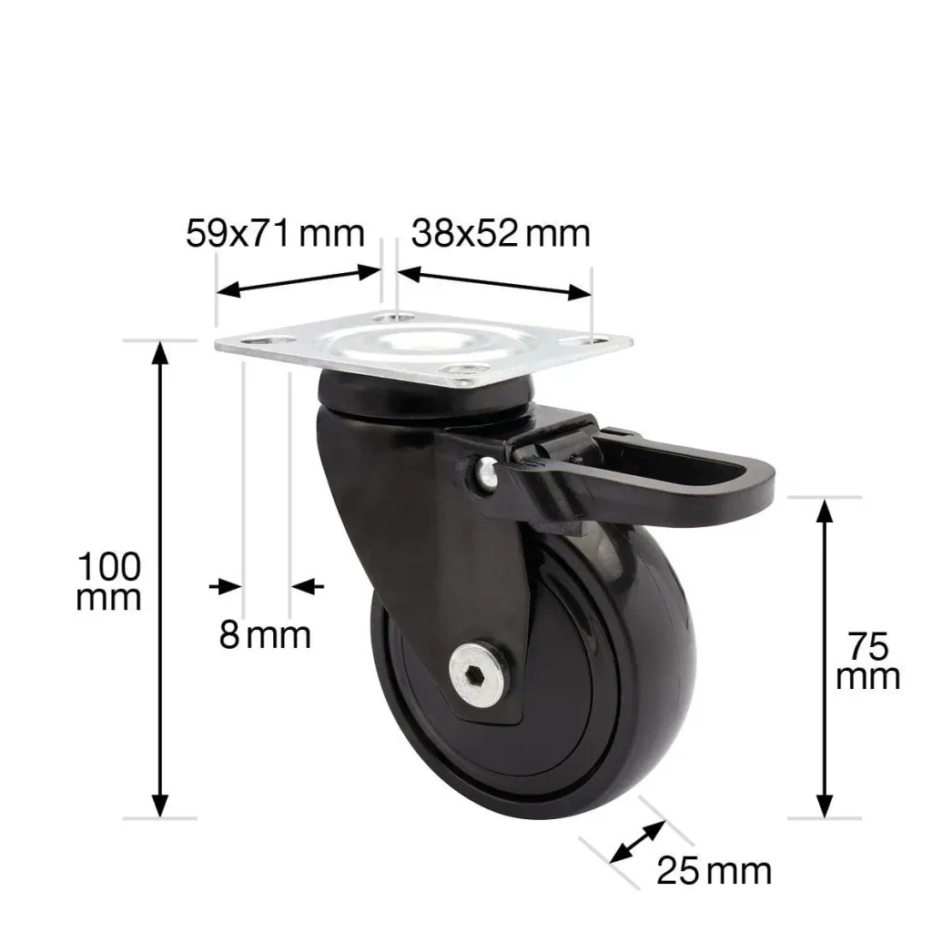 Design 3C Lenkrollen 4 teiliges Set - Ø 75 mm, soft, schwarz, 2 Rollen mit & 2 ohne Feststeller, Tragkraft 75 kg / Rolle