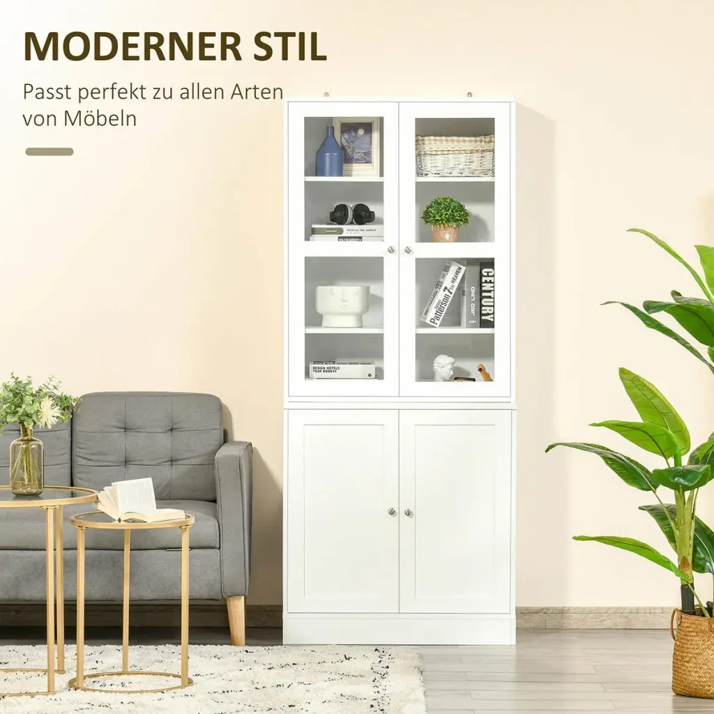 Bücherschrank 178,5 cm Hochschrank Vitrinenschrank mit Glastür 6 Fächern Küchenschrank für Wohnzimmer Büro Arbeitszimmer