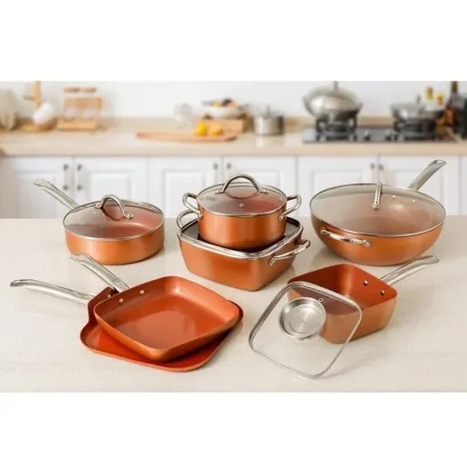 L 12-teiliges Kochgeschirr-Set - inklusive Deckel - Wokpfanne, Stieltopf, Grillpfanne, Bratpfanne - Kupfer - Aluminiumg